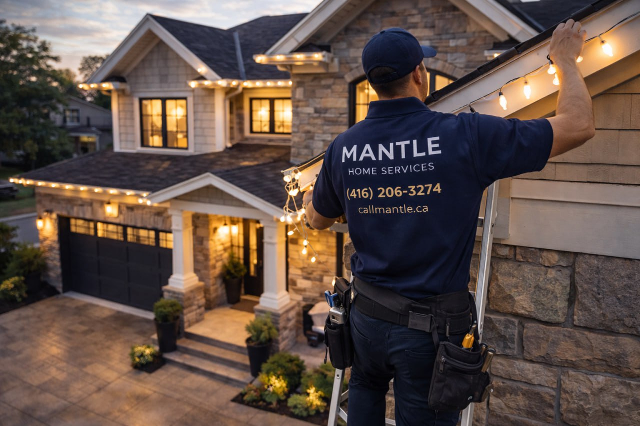 Outdoor holiday lights on residential greenery — festive home exterior lighting