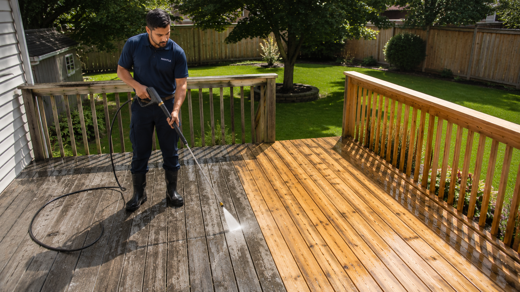 Pressure washing reveals the natural wood colour hidden beneath years of grime