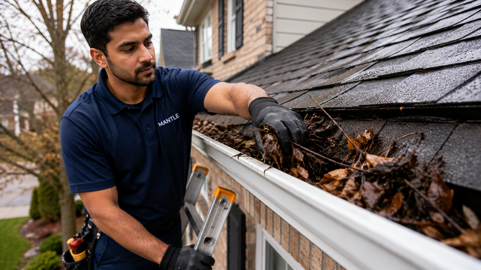 MANTLE technician clearing a fully blocked gutter from the ladder