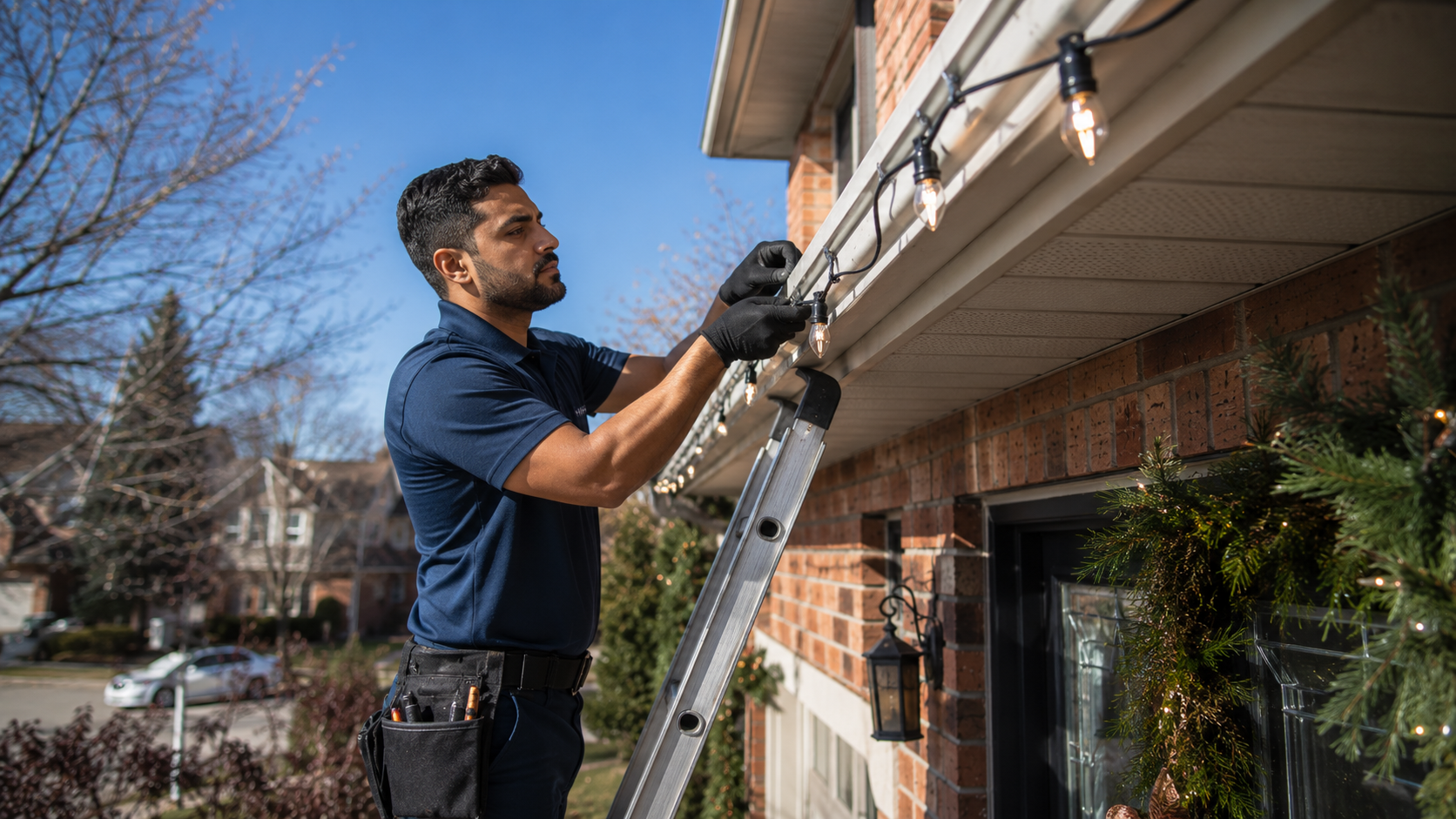 MANTLE installer clips lights along the roofline with precision